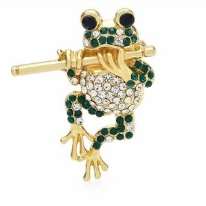 Bamboo Fluting Frog Brooches Women Men Rhinestone Brooch